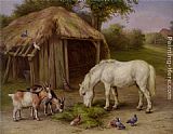 Pony and Goats in a Farmyard by Edgar Hunt